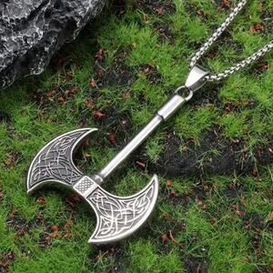 Men's Viking Axe Pendant Necklace Silver Tone Celtic Knot Double Blade Norse